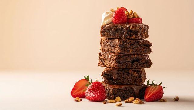 Stacking Dark Chocolate Brownies Dripping Ganache with Fresh Strawberries and Nuts