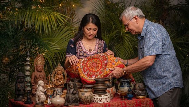 Couple arranging embroidered textile with handcrafted figurines, ceramics and brassware on patio