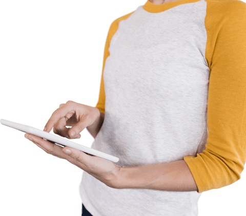 Woman Using Tablet on Transparent Background with Casual Attire