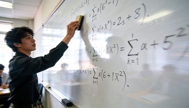 Teen erasing algebra equations on classroom whiteboard during high school math lesson