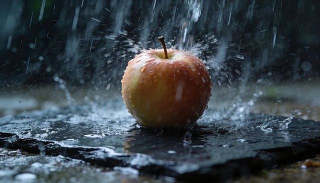 Rain-splashed apple on wet slate capturing dynamic splashing droplets and glistening skin