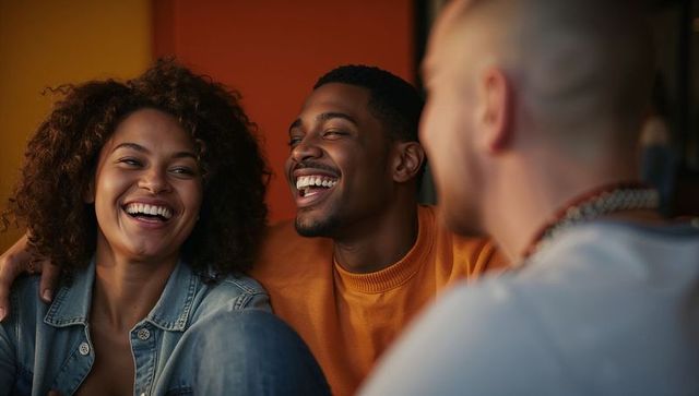 Friends laughing together on cozy couch, casual denim jacket and orange sweater moment