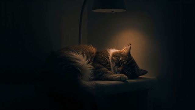 Tabby Cat Sleeping Under Warm Lamp Glow on Cushioned Bench, Cozy Nighttime Scene