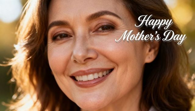Smiling mature woman celebrating mother's day outdoors backlit golden hour portrait