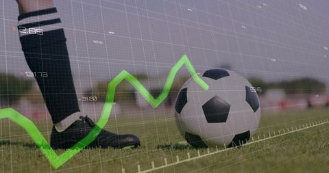 Soccer player kicking ball with digital analytics overlay and rising green performance chart