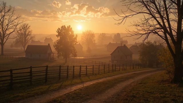 Misty Rural Sunrise with Farm Houses and Fences