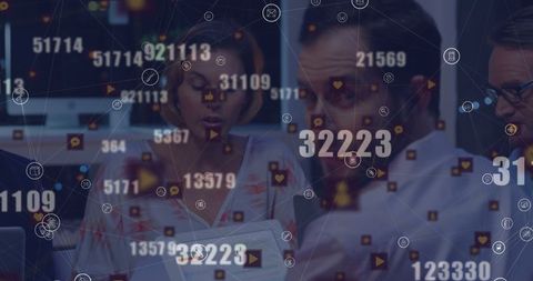 Corporate team strategizing amidst digital financial data and icons