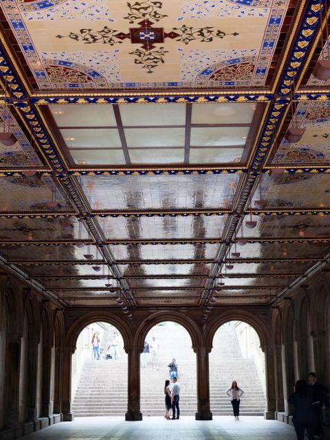 Interior of Bethesda Terrace Arcade in Central Park featuring an elaborate ceiling with intricate designs and people walking through arched passageways. Ideal for travel blogs, architectural studies, historic preservation features, and tourism promotional materials showcasing iconic New York City landmarks.