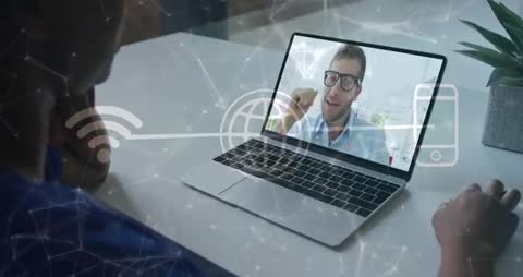 Man Video Calling with Digital Network Concept Overlay