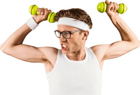 Geeky hipster exercising with dumbbells displaying determination
