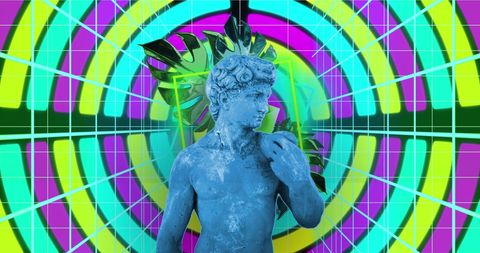 Classical Sculpture with Vibrant Modern Geometric Background