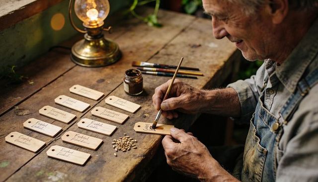 Senior gardener painting wooden seed tags at rustic potting bench with warm lamp glow