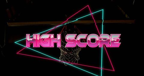 Neon high score banner with basketball slam dunk