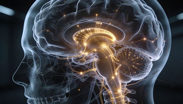 Translucent skull revealing glowing neural pathways, brainstem and cerebellum 3d render