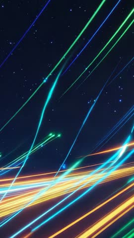Vertical neon streaks racing upward in starry sky, timer starting, futuristic motion