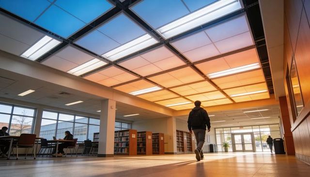 Male student walking through modern campus library with backpack and warm ceiling lighting