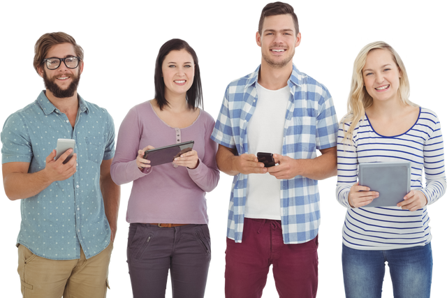 Diverse Group Smiling Holding Electronic Gadgets, Transparent Background - Download Free Stock Videos Pikwizard.com