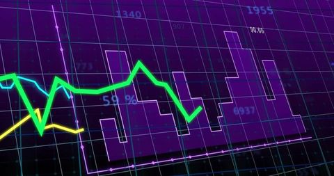 Neon Financial Dashboard Displaying Glowing Line Charts and Histogram on 3D Grid