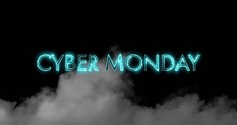 Cyber monday neon text above dark smoke cloud