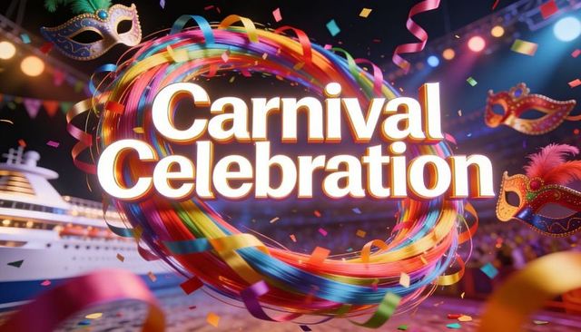 Carnival celebration cruise deck neon marquee with swirling ribbons and masquerade masks