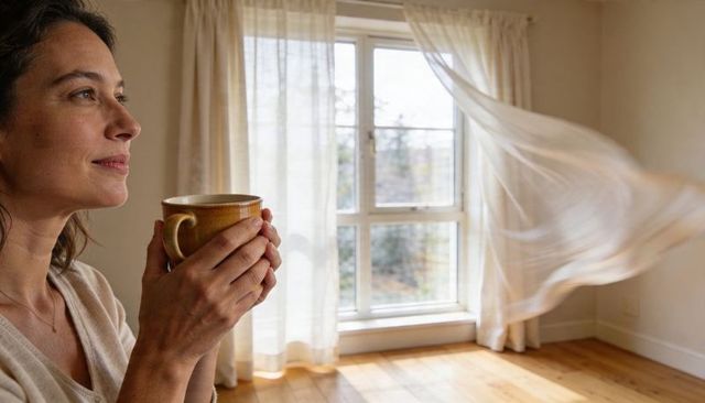 Woman enjoying morning tea by sunlit window with billowing sheer curtains