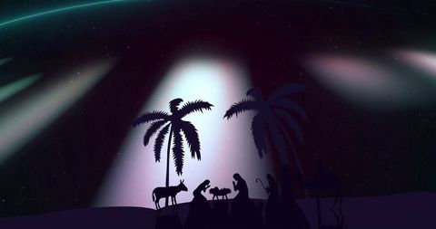 Silhouette nativity scene under starry night sky