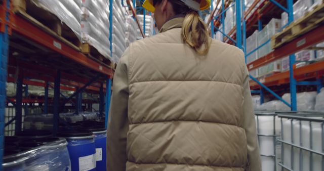 Warehouse Worker in Vest and Hard Hat Walking Through Industrial Storage Area - Download Free Stock Images Pikwizard.com