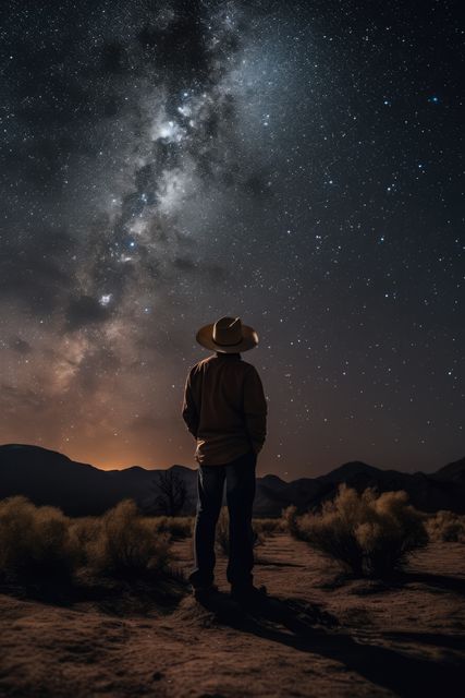 A man in a cowboy hat standing in awe in a desert, admiring the breathtaking Milky Way galaxy above. Star-studded sky and serene desert landscape evoke feelings of tranquility and solitude. Ideal for themes related to astronomy, night sky, outdoor adventures, western lifestyle, and nature's beauty.