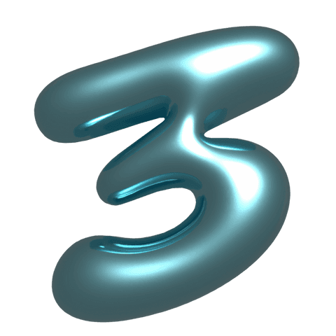 Transparent glossy turquoise number 3 sculpture with grooves metallic pearlescent