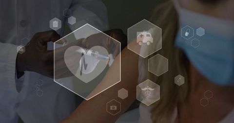 Clinician administering vaccine to patient arm with holographic healthcare interface overlays