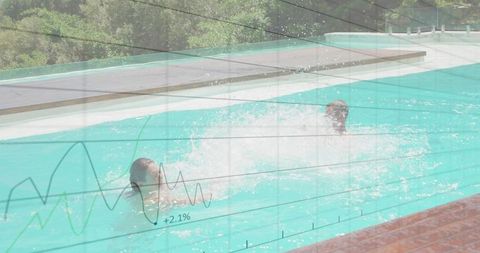 Man and woman swimming and splashing in outdoor pool with growth graph overlay