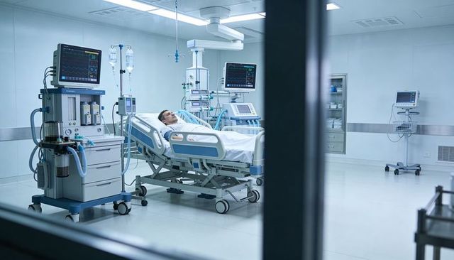Male patient lying in icu bed connected to ventilator and monitors in modern hospital