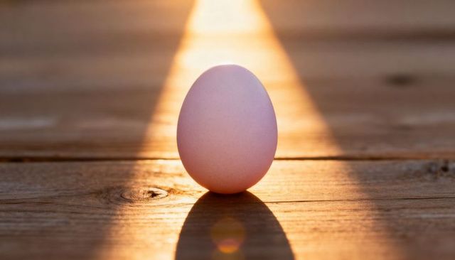 Brown egg standing on wooden table casting long shadow in golden sunbeam backlit glow