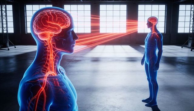 Translucent Human Anatomy Figures Connecting Neural Visual Pathways with Red Light Beams