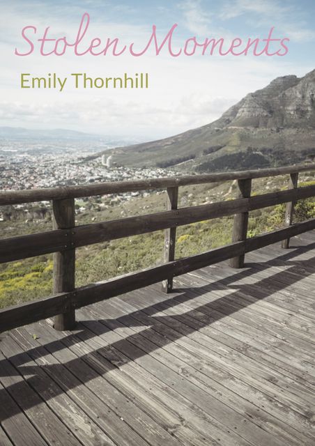 Cover design contains wooden deck overlooking a scenic mountain landscape under blue sky. Ideal for book covers focusing on travel, nature, adventure, or personal memoir. Can be used for novels about reflection, self-discovery, or journey themes.