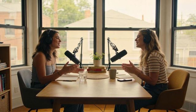 Two women recording conversational podcast at home studio with microphones and headsets