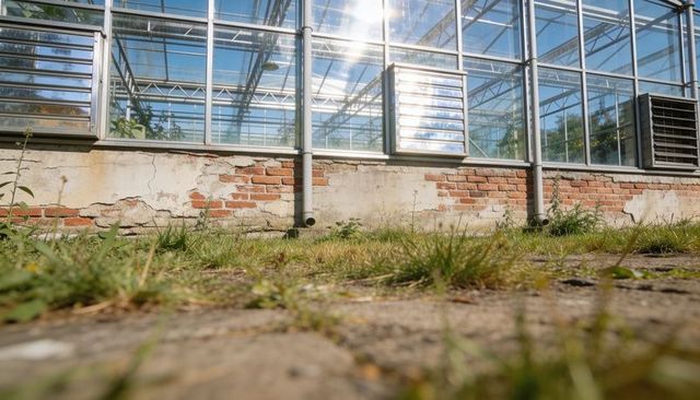 Sunlit greenhouse facade gleaming over weathered brick base and paved courtyard