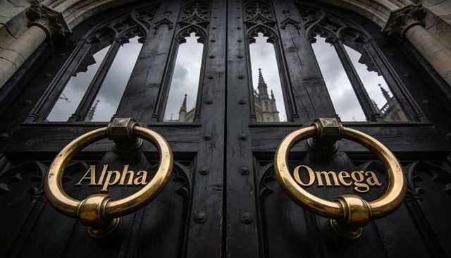 Brass alpha and omega ring knockers on black gothic cathedral doors with reflected spires