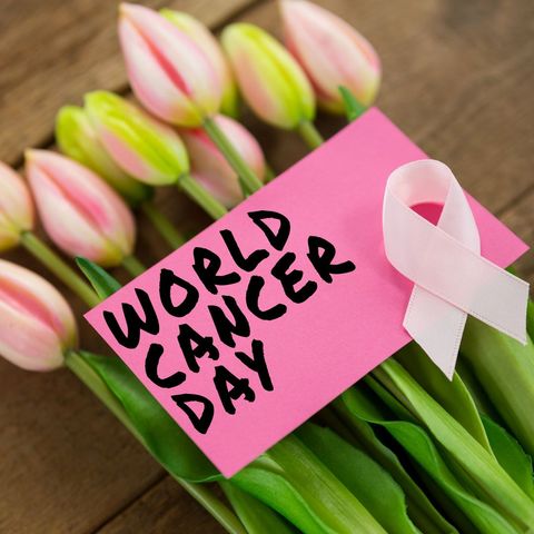 Tulips with World Cancer Day Message and Pink Ribbon