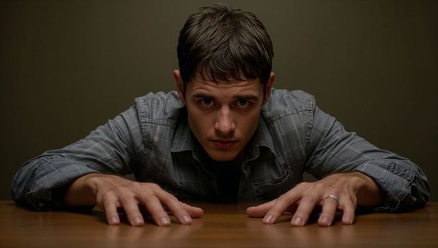 Leaning young man gripping wooden table with intense gaze and moody dramatic lighting