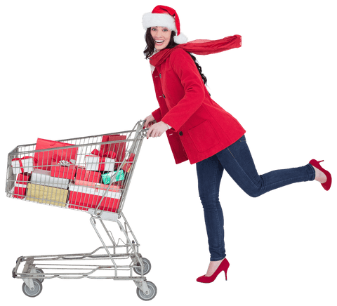 festive woman in red coat pushing transparent shopping cart full of gifts - Download Free Stock Videos Pikwizard.com