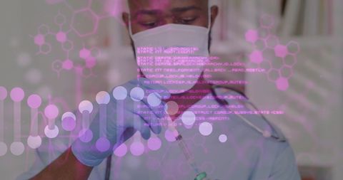 Doctor Analyzing Vaccine with Digital Interface Overlay