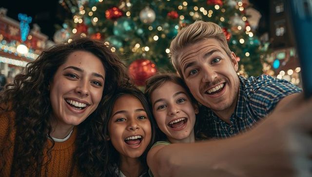 Family Enjoying Festive Christmas Tree Lights at Night
