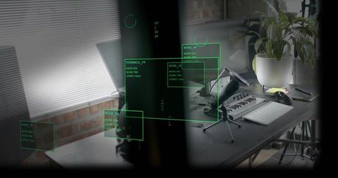 Podcasting desk displaying home studio with microphone, mixer, keyboard and ar hud overlay
