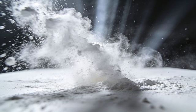 Billowing White Powder Plume with Dramatic Backlight and Airborne Dust
