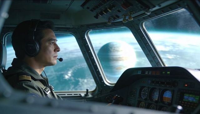 Asian Pilot Piloting Futuristic Spacecraft Cockpit Gazing Out at Majestic Gas Giant Planet