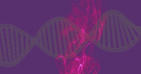 Glowing DNA Helix with Pulsating Pink Plasma on Purple Background