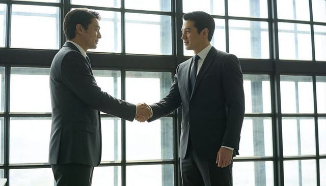 Two asian businessmen shaking hands in modern office with floor-to-ceiling grid windows