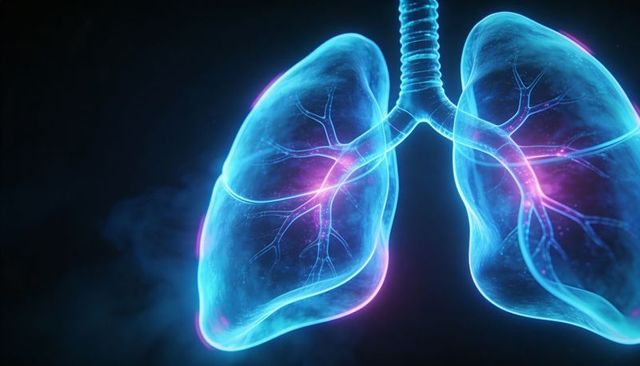 Neon-Blue Lungs Glowing Bronchi and Alveoli 3D Medical Illustration for Respiratory Health