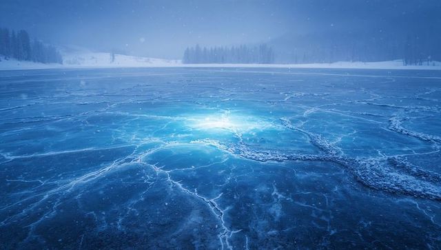 Glowing turquoise ice fissure casting radiant light across frozen lake with snowy treeline